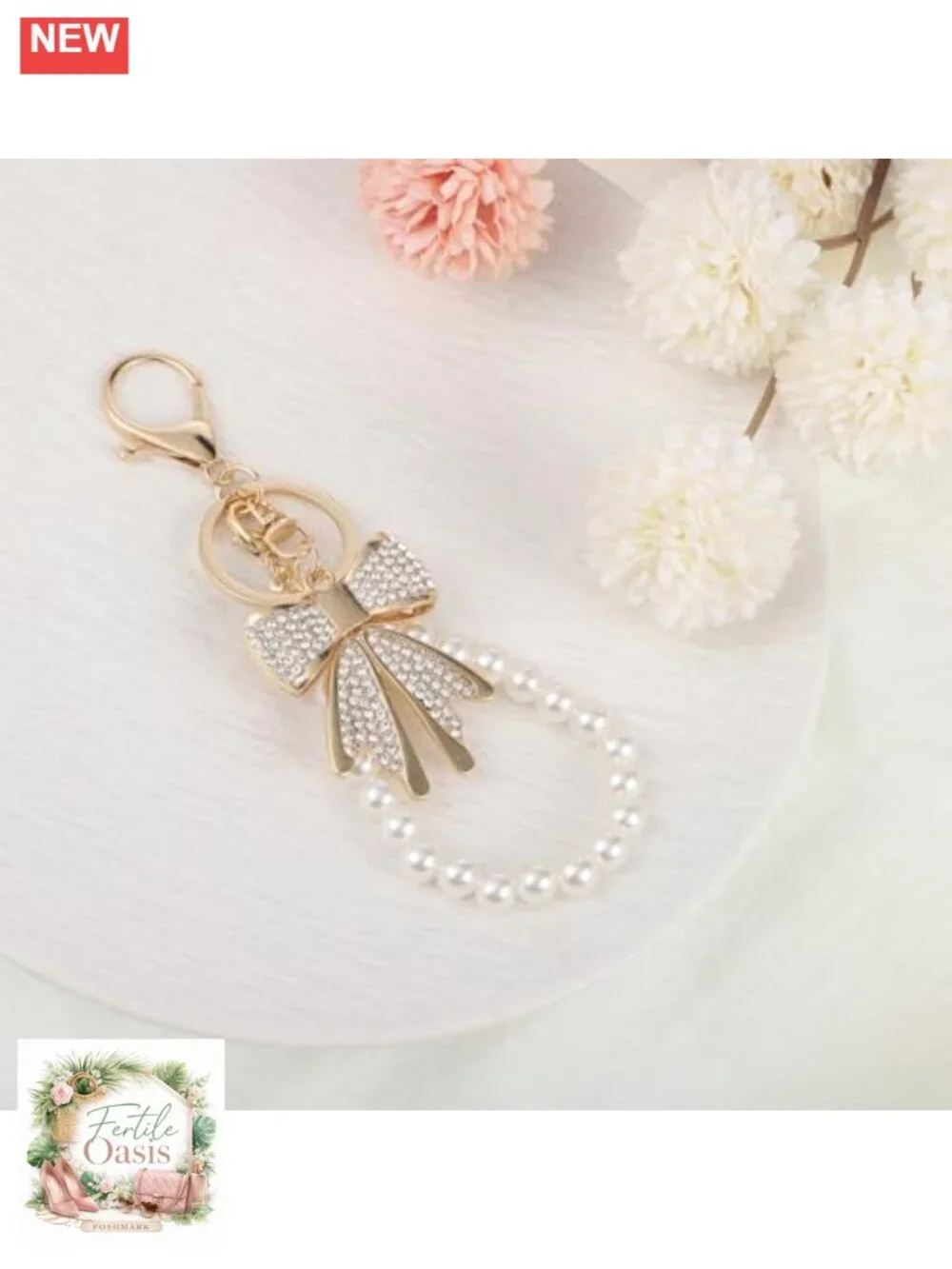 Rhinestone Bow Keychain with Pearl Chain, Lobster Clasp, Bag Charm